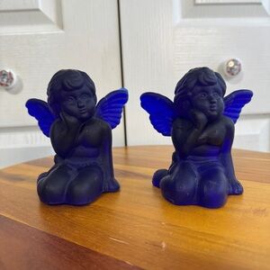 Vintage cobalt blue sitting cherubs angels candle holders set of 2